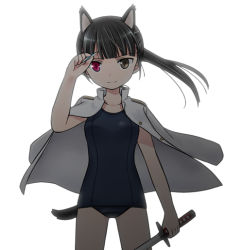 Rule 34 | 1girl, animal ears, bad id, bad pixiv id, black hair, dog ears, eyepatch, eyepatch lift, heterochromia, jacket, jacket on shoulders, long hair, military, military uniform, one-piece swimsuit, ponytail, sakamoto mio, school swimsuit, solo, strike witches, swimsuit, swimsuit under clothes, sword, tamaki (209), uniform, weapon, world witches series