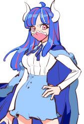 Rule 34 | 1girl, ahoge, blue cape, blue hair, blue skirt, cape, covered mouth, curled horns, dinosaur girl, hand on own hip, horns, long hair, mask, mouth mask, multicolored hair, one piece, pink eyes, pink hair, pink mask, raine (acke2445), shirt, shirt tucked in, simple background, skirt, solo, streaked hair, ulti (one piece), white background, white shirt