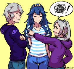 Rule 34 | 1boy, 2girls, akairiot, artist name, blue hair, bow, breasts, brother and sister, closed eyes, contemporary, crossed arms, denim, dual persona, fire emblem, fire emblem awakening, hair bow, hairband, hood, hoodie, jeans, long hair, lucina (fire emblem), multiple girls, nintendo, pants, pointing, robin (female) (fire emblem), robin (fire emblem), robin (male) (fire emblem), shirt, short hair, siblings, simple background, smirk, spoken squiggle, squiggle, striped clothes, striped shirt, super smash bros., twins, twintails, white hair