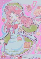 ! 1girl absurdres apron blush bow bread bread_slice cake cat checkered_background cherry dango dessert detached_collar detached_sleeves dress food frilled_dress frills fruit green_dress green_eyes hair_ornament hairclip hat highres holding holding_plate long_hair maid mob_cap momone_momo open_mouth peach pink_background pink_hair plate rabbit red_bow robot_ears sanshoku_dango smile solo sparkle strawberry strawberry_shortcake toast tracyloid utau wagashi white_apron