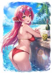 Rule 34 | 1girl, ass, back, bare shoulders, bikini, blush, bottle, breasts, commentary request, eyewear on head, from side, hair ornament, hair ribbon, heart, heart-shaped eyewear, heterochromia, highres, hololive, houshou marine, houshou marine (summer), large breasts, long hair, looking at viewer, looking back, looking to the side, mirukurim, open mouth, outdoors, partially submerged, red bikini, red eyes, red hair, red ribbon, ribbon, smile, solo, string bikini, sunglasses, swimsuit, thighs, very long hair, virtual youtuber, water, wine bottle, yellow eyes