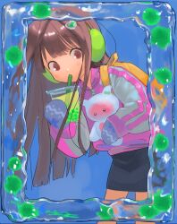 Rule 34 | 1girl, backpack, bag, blue mittens, brown hair, cup, drinking, drinking straw, earmuffs, hair ornament, highres, holding, holding cup, jacket, long hair, long sleeves, mittens, original, poin (goruchopame), red eyes, skirt, solo, zipper pull tab
