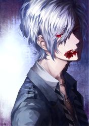 Rule 34 | 10s, 1boy, albino, blood, dated, diabolik lovers, ewmeto, eyes visible through hair, fangs, hair over one eye, looking at viewer, male focus, necklace, open mouth, red eyes, sakamaki subaru, solo, unbuttoned, upper body, vampire, white hair
