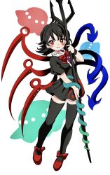 Rule 34 | 1girl, black dress, black hair, black thighhighs, blush, buttons, center frills, closed mouth, doroame (ameyu), dress, frills, full body, highres, holding, holding polearm, holding weapon, houjuu nue, polearm, red eyes, red footwear, shoes, short hair, short sleeves, smile, solo, thighhighs, touhou, trident, weapon, white background