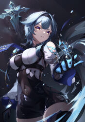 Rule 34 | 1girl, absurdres, black gloves, black hairband, blue gloves, blue hair, blue necktie, boots, breasts, chest harness, clothing cutout, commentary request, covered navel, cowboy shot, cross-laced clothes, cross-laced cutout, crystal sword, dark background, eula (genshin impact), film grain, genshin impact, gloves, hair between eyes, hairband, hand up, harness, high-waist shorts, highres, large breasts, light particles, light rays, long sleeves, looking at viewer, medium hair, multicolored eyes, necktie, object floating above hand, parted lips, purple eyes, shorts, shoulder cutout, sidelocks, solo, sword, tatty, thigh boots, thighs, two-tone gloves, vision (genshin impact), weapon, white sleeves, wide sleeves, yellow eyes