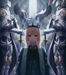 Rule 34 | 1girl, 2boys, armor, blonde hair, crown, fantasy, headwear request, knight, looking at viewer, multiple boys, original, red eyes, robe, straight hair, sword, weapon, yuyo (i iuyo)