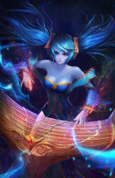 Rule 34 | 1girl, absurdres, angjooyann, aqua hair, bare shoulders, blue dress, blue eyes, breasts, closed mouth, collarbone, cowboy shot, detached sleeves, dress, etwahl, eyelashes, fingernails, floating hair, glowing, glowing hands, hair ornament, hands up, highres, huge filesize, instrument, joo yann ang, large breasts, league of legends, light particles, lips, long hair, looking at viewer, makeup, mascara, medium breasts, music, nose, pale skin, playing instrument, smile, solo, sona (league of legends), strapless, strapless dress, swept bangs, twintails, very long hair, wide sleeves