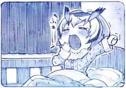 Rule 34 | 10s, 1girl, bed, bed sheet, blue theme, blush, commentary, curtains, closed eyes, fur collar, indoors, kemono friends, long sleeves, monochrome, northern white-faced owl (kemono friends), open mouth, outstretched arm, pajamas, sakino shingetsu, short hair, tears, trembling, yawning