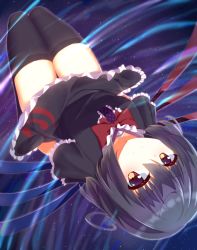 Rule 34 | 1girl, ahoge, arms behind back, asymmetrical wings, black dress, black hair, black thighhighs, bow, bowtie, ddt (darktrident), dress, dutch angle, frilled dress, frilled sleeves, frills, highres, houjuu nue, looking at viewer, night, red bow, red bowtie, short sleeves, sky, smile, solo, star (sky), star (symbol), starry background, starry sky, thighhighs, touhou, upside-down, wings