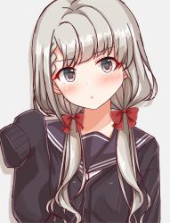 Rule 34 | 1girl, black cardigan, black sailor collar, blouse, blush, bow, braid, braided bangs, brown eyes, cardigan, chestnut mouth, grey background, grey hair, hair bow, hand up, head tilt, hisakawa nagi, idolmaster, idolmaster cinderella girls, idolmaster cinderella girls starlight stage, long hair, long sleeves, looking at viewer, low twintails, naruse nagi, parted lips, red bow, sailor collar, school uniform, serafuku, shirt, simple background, sleeves past fingers, sleeves past wrists, solo, twintails, upper body, white shirt