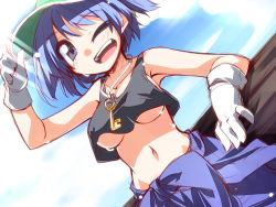 Rule 34 | 1girl, adjusting clothes, adjusting headwear, blue eyes, blue hair, breasts, clothes around waist, collarbone, crop top, gloves, gradient background, hat, hemogurobin a1c, jewelry, kawashiro nitori, key, matching hair/eyes, medium breasts, midriff, navel, necklace, no bra, one eye closed, open mouth, shirt, shirt around waist, smile, solo, sweat, touhou, two side up, underboob, white gloves