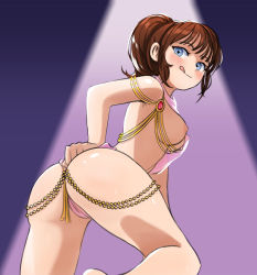 Rule 34 | 1girl, armlet, ass, azelweien, belly chain, blue eyes, breast curtains, breasts, brown hair, commentary, english commentary, from behind, fukune atsuko, hand on own hip, harem outfit, highres, jewelry, leaning forward, licking lips, light blush, looking at viewer, looking back, medium breasts, mugen shinshi, nipples, nude, ponytail, presenting, revealing clothes, solo, sweat, thighs, tongue, tongue out, underwear