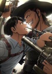 Rule 34 | 2boys, aiming, backlighting, beard stubble, belt, black hair, brown hair, clenched teeth, collared shirt, dual wielding, duel, facial hair, from side, grin, gun, head tilt, highres, holding, holding gun, holding sword, holding weapon, kenny (shingeki no kyojin), levi (shingeki no kyojin), long sleeves, looking at another, medium hair, multiple boys, official art, pointing sword, promotional art, serious, shingeki no kyojin, shirt, short hair, smile, stubble, sword, teeth, textless version, upper body, weapon, wrinkled skin
