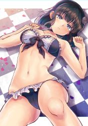 Rule 34 | 1girl, bad id, bad pixiv id, bandeau, bare arms, bare shoulders, bikini, bishoujo mangekyou, black bra, black choker, black hair, black hairband, black panties, bow, bow bra, bra, brown flower, brown rose, checkered floor, choker, commentary request, dorothy (bishoujo mangekyou), fingernails, flower, foreshortening, frilled bra, frilled panties, frills, grey eyes, hair flower, hair ornament, hairband, hands up, highres, honami (yths4221), knee up, lying, maid, maid bikini, navel, on back, panties, petals, rose, shadow, solo, stomach, strapless, strapless bra, swimsuit, unconventional maid, underwear, underwear only