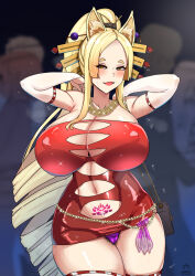 Rule 34 | 1girl, animal ear fluff, animal ears, blonde hair, bodycon, breasts, cleavage, condom, curvy, dress, fox ears, fox girl, hair ornament, high school dxd, highres, huge breasts, long hair, looking at viewer, mature female, merkonig, navel, open mouth, panties, pubic hair, pubic hair peek, pubic tattoo, purple panties, red dress, revealing clothes, smile, tattoo, thick thighs, thighs, underwear, used condom, wide hips, yasaka (high school dxd)