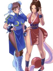 Rule 34 | 2girls, bad id, bad twitter id, bare shoulders, bracelet, breasts, brown eyes, brown hair, bun cover, capcom, china dress, chinese clothes, chun-li, closed mouth, crossover, double bun, dress, full body, hair bun, hand on own hip, high ponytail, highres, jewelry, looking at viewer, medium breasts, meke (77842928), multiple girls, ninja, pantyhose, pelvic curtain, revealing clothes, shiranui mai, smile, spiked bracelet, spikes, standing, street fighter, the king of fighters, thighs, v