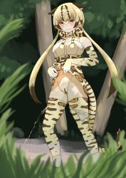 Rule 34 | 1girl, absurdres, blush, censored, clothes lift, ears, ears down, frown, highres, kemono friends, lifted by self, ocelot (kemono friends), ookii yama, outdoors, panties around leg, peeing, pussy, skirt, skirt lift, solo, standing, tail, thighhighs, yellow eyes