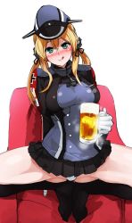 Rule 34 | 10s, 1girl, :p, alcohol, beer, black skirt, black thighhighs, blonde hair, blush, chair, cross, drunk, gloves, green eyes, hat, holding, iron cross, kantai collection, looking at viewer, microskirt, military, military uniform, no shoes, panties, pantyshot, peaked cap, pleated skirt, prinz eugen (kancolle), ruuto (sorufu), skirt, solo, squatting, thighhighs, tiptoes, tongue, tongue out, twintails, underwear, uniform, white gloves, white panties
