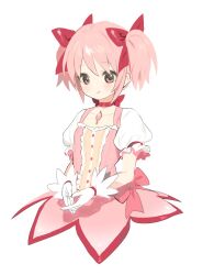 Rule 34 | 1girl, closed mouth, dress, flat chest, frilled sleeves, frills, gloves, hair ribbon, highres, kaname madoka, lunch (lunchicken), magical girl, mahou shoujo madoka magica, neck ribbon, pink dress, pink eyes, pink hair, pink ribbon, puffy short sleeves, puffy sleeves, red ribbon, ribbon, short sleeves, short twintails, simple background, smile, solo, soul gem, twintails, white background, white gloves