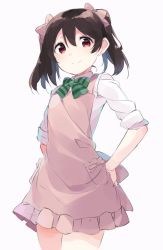 Rule 34 | 10s, 1girl, apron, bad id, bad pixiv id, black hair, hands on own hips, love live!, love live! school idol project, red eyes, school uniform, short twintails, simple background, smile, solo, totoki86, twintails, white background, yazawa nico