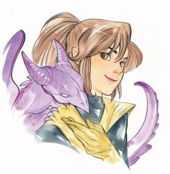 Rule 34 | 1girl, animal, animal on shoulder, bodysuit, brown eyes, brown hair, closed mouth, colored pencil (medium), dragon, gloves, houseofellex, kitty pryde, lips, marvel, pointy ears, ponytail, simple background, smile, solo, traditional media, upper body, white background, x-men, yellow gloves