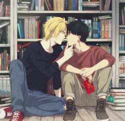Rule 34 | 2boys, ash lynx, banana fish, black hair, blonde hair, book, bookshelf, brown eyes, denim, eye contact, food, green eyes, hand on another&#039;s chin, jeans, looking at another, male focus, multiple boys, official style, okumura eiji, pants, pocky, pocky kiss, sawa nya, shared food, shoes, sitting, sneakers, yaoi