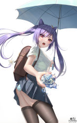 Rule 34 | 1girl, backpack, bag, blue skirt, bottle, breasts, brown thighhighs, cone hair bun, cowboy shot, from below, genshin impact, hair between eyes, hair bun, hair ornament, highres, holding, holding bottle, holding umbrella, keqing (genshin impact), long hair, looking at viewer, open mouth, panties, pantyshot, pleated skirt, purple hair, red eyes, shirt, sideboob, simple background, skirt, skirt caught on object, solo, splashing, standing, striped clothes, striped panties, teeth, thighhighs, twintails, umbrella, underwear, upper teeth only, water, water bottle, white background, white shirt, yuxing yuhang