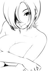 Rule 34 | 1girl, breasts squeezed together, breasts, cleavage, covering privates, covering breasts, highres, large breasts, looking at viewer, may lee, monochrome, nude, smile, snk, source request, the king of fighters
