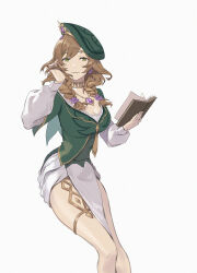 Rule 34 | 1girl, absurdres, bare legs, book, braid, breasts, brown hair, closed mouth, collar, commentary, cowboy shot, earrings, flower, genshin impact, green eyes, green headwear, hair between eyes, hair flower, hair ornament, hand up, highres, holding, holding book, jewelry, kazo (kidokazo), light smile, lisa (a sobriquet under shade) (genshin impact), lisa (genshin impact), long sleeves, looking at viewer, medium breasts, medium hair, official alternate costume, simple background, solo, twin braids, vision (genshin impact), white background
