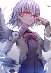 Rule 34 | 1girl, 33 gaff, closed mouth, dress, feathered wings, feathers, glowing, glowing eyes, grey hair, grey jacket, hair between eyes, jacket, kishin sagume, long sleeves, open clothes, open jacket, purple dress, red eyes, short hair, simple background, single wing, solo, touhou, upper body, white background, white wings, wings