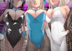 Rule 34 | 3girls, akane (blue archive), akane (bunny) (blue archive), arm around back, arm behind back, asuna (blue archive), asuna (bunny) (blue archive), asymmetrical docking, bare shoulders, black hair, black leotard, blue archive, blue bow, blue bowtie, bow, bowtie, breast press, breasts, breasts squeezed together, cleavage, collarbone, contrapposto, covered navel, cowboy shot, dark-skinned female, dark skin, detached collar, elbow gloves, fishnet pantyhose, fishnets, for-u, girl sandwich, gloves, gluteal fold, hair ribbon, hand on own hip, head out of frame, highleg, highleg leotard, highres, karin (blue archive), karin (bunny) (blue archive), large breasts, leotard, light brown hair, lineup, long bangs, long hair, multiple girls, open mouth, pantyhose, playboy bunny, ribbon, sandwiched, shiny clothes, sidelocks, skindentation, smile, strapless, strapless leotard, thigh gap, thighband pantyhose, traditional bowtie, very long hair, white gloves, white leotard, white pantyhose, yellow eyes