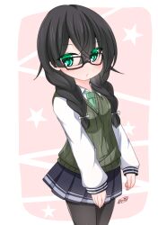 Rule 34 | 1girl, black-framed eyewear, black hair, black pantyhose, black skirt, blush, braid, breasts, cevio, closed mouth, collared shirt, commentary request, glasses, green eyes, green necktie, hair between eyes, hair over shoulder, hanakuma chifuyu, highres, kanijiru, long hair, long sleeves, looking at viewer, low twintails, necktie, pantyhose, pink background, pleated skirt, puffy long sleeves, puffy sleeves, school uniform, shirt, signature, skirt, sleeves past wrists, small breasts, solo, star (symbol), sweater vest, twin braids, twintails, two-tone background, white background, white shirt