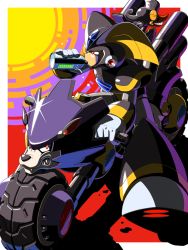 Rule 34 | 1boy, android, armor, bass (mega man), bird, black headwear, border, bottle, closed eyes, commentary, drinking, fangs, glint, gloves, grin, helmet, holding, holding bottle, looking to the side, male focus, mega man (classic), mega man (series), motor vehicle, motorcycle, multicolored background, napo, non-humanoid robot, on motorcycle, outside border, red eyes, reggae (mega man), robot, robot animal, robot ears, sharp teeth, shoulder armor, sitting, smile, teeth, treble (mega man), vehicalization, white border, white gloves