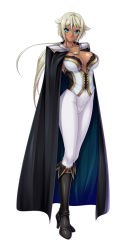 Rule 34 | 1girl, blonde hair, blue eyes, boots, bracelet, breasts, cape, cara the blood lord, jewelry, kagami hirotaka, large breasts, lilith-soft, long hair, looking at viewer, marika krishna, no bra, ponytail, simple background, solo, white background