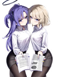 Rule 34 | 2girls, absurdres, azur lane, black pantyhose, black skirt, blonde hair, blue archive, blush, breasts, collared shirt, commission, crossover, halo, highres, holding, holding paper, long hair, long sleeves, looking at viewer, mechanical halo, medium breasts, multiple girls, pantyhose, paper, pencil skirt, purple eyes, purple hair, shirt, short hair, simple background, skirt, sstthei, two side up, white background, white shirt, yuuka (blue archive), z23 (azur lane)