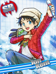Rule 34 | 1boy, animification, black hair, blue background, blue eyes, card (medium), character name, child, dc comics, hat, holding, holding microphone, holding stuffed toy, idolmaster, idolmaster side-m, jonathan kent, male focus, microphone, okayu0317, open clothes, open mouth, open shirt, pants, shirt, smile, solo, stuffed animal, stuffed rabbit, stuffed toy, super sons, superman (series), teeth, upper teeth only, white shirt