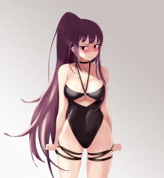 Rule 34 | 1girl, absurdres, black one-piece swimsuit, blush, breasts, cleavage, clenched hands, dopamine70, embarrassed, girls&#039; frontline, high ponytail, highres, long hair, looking away, official alternate costume, one-piece swimsuit, purple eyes, purple hair, sidelocks, solo, swimsuit, very long hair, wa2000 (girls&#039; frontline), wa2000 (op. manta ray) (girls&#039; frontline), wavy mouth