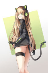 Rule 34 | 1girl, animal ear headphones, animal ears, ass, black gloves, black jacket, blush, bow, breasts, cat ear headphones, cat ears, cat girl, cat tail, character name, closed mouth, commentary, fake animal ears, girls&#039; frontline, gloves, green background, green bow, green eyes, hair between eyes, half gloves, headphones, highres, jacket, light brown hair, long hair, long sleeves, looking at viewer, looking back, skindentation, small breasts, sob (submar1089), solo, tail, tail bow, tail ornament, tail raised, thigh strap, tmp (girls&#039; frontline), two-tone background, very long hair, white background