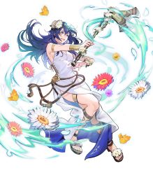 Rule 34 | 1girl, armlet, axe, bare shoulders, blue eyes, blue hair, bracelet, dress, feet, female focus, fire emblem, fire emblem awakening, fire emblem heroes, flower, full body, hair flower, hair ornament, highres, holding, holding axe, holding weapon, jewelry, long dress, long hair, lucina (fire emblem), lucina (valentine) (fire emblem), matching hair/eyes, nintendo, non-web source, official art, open mouth, petals, sleeveless, smile, solo, thigh strap, thighlet, toeless footwear, toes, transparent background, weapon, white dress