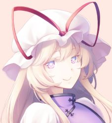 Rule 34 | 1girl, blonde hair, closed mouth, commentary request, hat, hat ribbon, long hair, looking at viewer, midorino eni, mob cap, pink background, portrait, purple eyes, red ribbon, ribbon, sidelocks, simple background, smile, solo, touhou, white hat, yakumo yukari