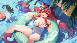 Rule 34 | 1991 (blz), 1girl, afloat, animal ears, beach, bikini, breasts, cat, cat ears, cat girl, cat tail, day, eating, eyewear on head, food, hair ornament, hair ribbon, innertube, large breasts, long hair, looking at viewer, navel, ocean, open mouth, original, outdoors, partially submerged, popsicle, red hair, ribbon, summer, swim ring, swimsuit, tail, twintails, very long hair, virtual youtuber, water, white bikini