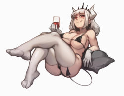 Rule 34 | 1girl, alcohol, areola slip, bikini, black bikini, breasts, crossed legs, cup, demon girl, demon horns, demon tail, drinking glass, foreshortening, gloves, helltaker, highres, holding, holding cup, horns, large breasts, lentiyay, lucifer (helltaker), medium hair, mole, mole under eye, pillow, red eyes, simple background, smile, solo, swimsuit, tail, thighhighs, white background, white gloves, white hair, white horns, white thighhighs, wine, wine glass