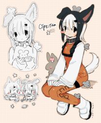 Rule 34 | 2girls, animal, animal collar, animal ears, animal on head, animal on shoulder, artist name, belka (dog), black collar, black eyes, black hair, blush stickers, bodysuit, boots, chibi, chibi inset, closed mouth, collar, commentary, dog ears, dog girl, dog tail, ear down, english commentary, full body, gloves, hands up, holding, holding animal, lapithai, long hair, long sleeves, looking at viewer, mouse (animal), multicolored hair, multiple girls, multiple views, mushroom, no sclera, on head, orange background, orange bodysuit, original, partially colored, personification, polka dot, polka dot background, rabbit, russian text, sitting, smile, star (symbol), strelka (dog), tail, white footwear, white gloves, white hair
