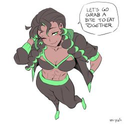 Rule 34 | 1girl, ;3, abs, artist name, black bra, black hair, black pants, blush, bra, breasts, contrapposto, curly hair, english text, green eyes, green footwear, green hair, hand in pocket, hand on own head, hood, hood down, hoodie, jpeg artifacts, long hair, low twintails, miyuli, multicolored hair, muscular, muscular female, navel, one eye closed, open clothes, open hoodie, original, pants, shoes, signature, simple background, solo, speech bubble, standing, tight clothes, tight pants, twintails, two-tone hair, underwear, white background