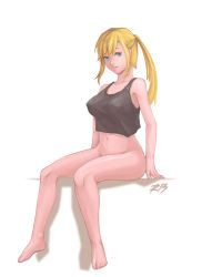 Rule 34 | 1girl, absurdres, bad id, bad pixiv id, barefoot, blonde hair, blue eyes, bottomless, grin, highres, long hair, looking at viewer, original, ponytail, rebe11, sitting, smile, solo, tank top, white background