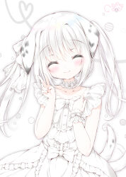 Rule 34 | 1girl, animal ears, blush, bow, choker, closed eyes, collarbone, dalmatian, dog ears, dog girl, dog tail, dress, facing viewer, frilled choker, frilled dress, frills, hair bow, hand on own chest, heart, heart of string, highres, long hair, moco ofuton, original, short sleeves, single wrist cuff, smile, solo, tail, twintails, v, white hair, wrist cuffs