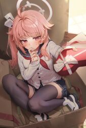 Rule 34 | 1girl, absurdres, ahoge, black skirt, black thighhighs, blue archive, blush, bow, chocolate, gift, hair ornament, halo, heart, highres, long hair, long sleeves, looking at viewer, miniskirt, natsu (blue archive), neckerchief, pink hair, pleated skirt, red eyes, red neckerchief, ribbon, sailor collar, school uniform, serafuku, side ponytail, skirt, sleeves past wrists, solo, thighhighs, thighs, v burger103, valentine