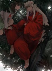 Rule 34 | 1boy, 1girl, animal ears, barefoot, black eyes, black hair, branch, crossed arms, dog ears, green skirt, highres, higurashi kagome, in tree, inuyasha, inuyasha (character), japanese clothes, jewelry, kimono, long hair, long sleeves, looking at another, necklace, open mouth, red kimono, shirt, sitting, sitting in tree, skirt, snr snr, tree, very long hair, white hair, white shirt, wide sleeves, yellow eyes
