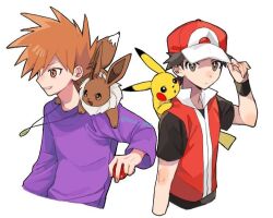 Rule 34 | 2boys, blue oak, brown eyes, brown hair, closed mouth, commentary request, creatures (company), eevee, game freak, gen 1 pokemon, hand on headwear, hat, holding, holding poke ball, jewelry, long sleeves, male focus, momotose (hzuu xh4), multiple boys, necklace, nintendo, on shoulder, pikachu, poke ball, poke ball (basic), pokemon, pokemon (creature), pokemon frlg, pokemon on shoulder, pokemon rgby, purple shirt, red (pokemon), red headwear, shirt, short hair, short sleeves, spiked hair, upper body, white background, wristband