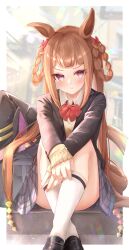 Rule 34 | 1girl, absurdres, alternate costume, blunt bangs, blush, brown hair, closed mouth, commentary request, hair ornament, hair rings, hat, highres, horse girl, kneehighs, long hair, looking at viewer, purple eyes, school uniform, sitting, sky cappuccino, socks, solo, sweep tosho (umamusume), twintails, umamusume, witch hat